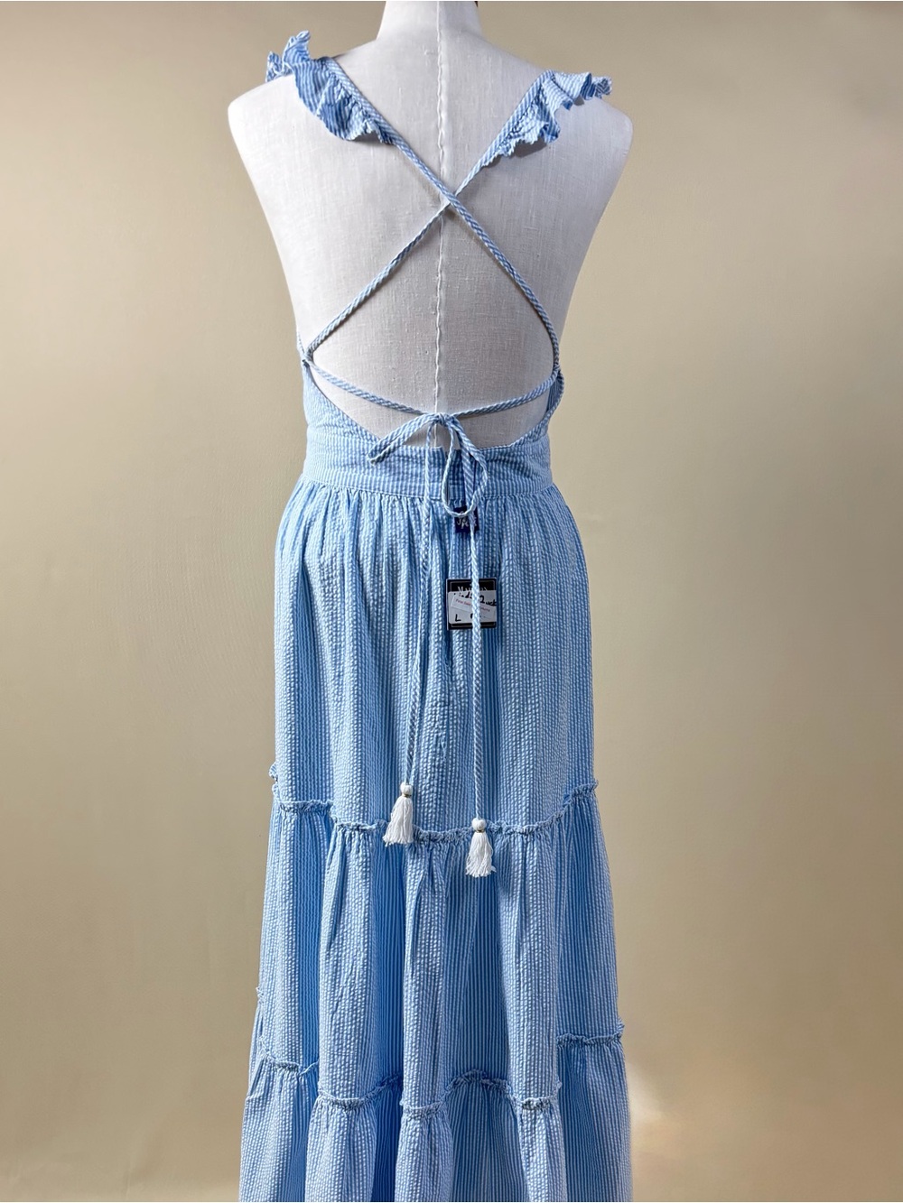 madison mathews blue striped open back tiered maxi dress nwt - Picture 2 of 6
